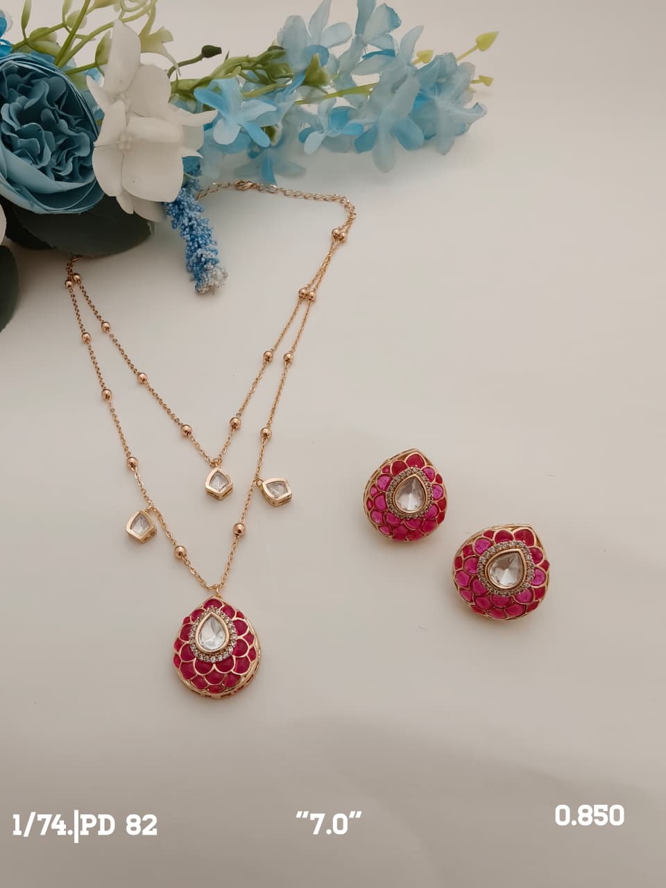 2 Step Chain Gold with Pink & White Drops Set - PD-82